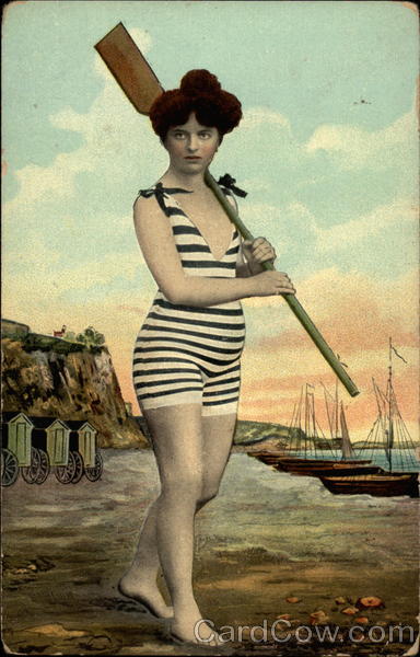 Woman in Old-Fashioned Bathing Costume Holding an Oar Women