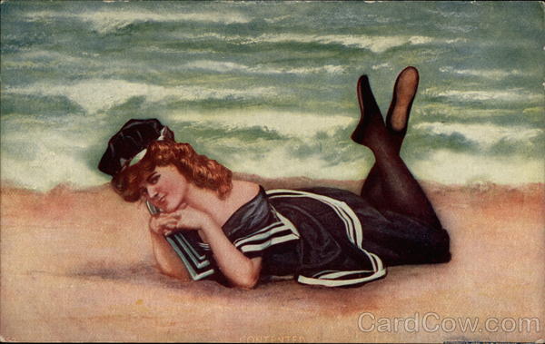 Woman in old-fashioned bathing suit poses by the sea