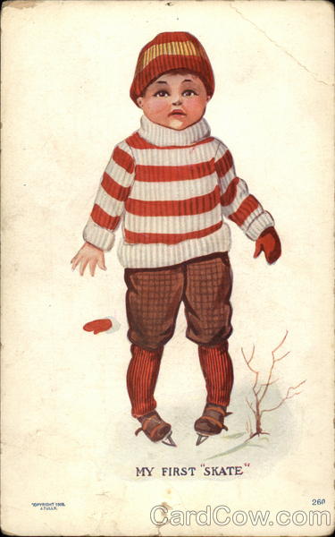 My First Skate - Little Boy in a Striped Sweater with Skates