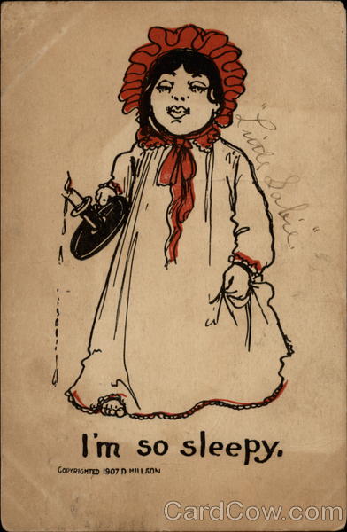 A tired child in nightgown and bonnet holds a dripping candle