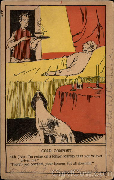 Butler carries a tray with a steaming bowl to a man lying in bed, with dog nearby