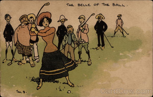 A woman prepares to swing at a golf ball while eight men watch