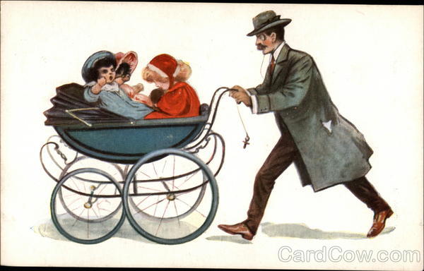 Man pushing three young girls in a pram
