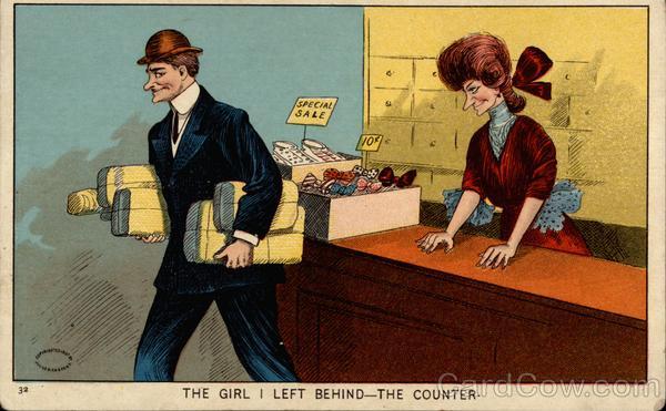 Man with packages leaving female clerk Comic