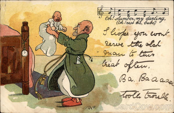 A man in a robe deals with a crying baby Comic, Funny