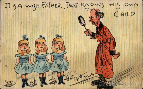 A man in robe and holding a magnifying glass studies three identical little girls
