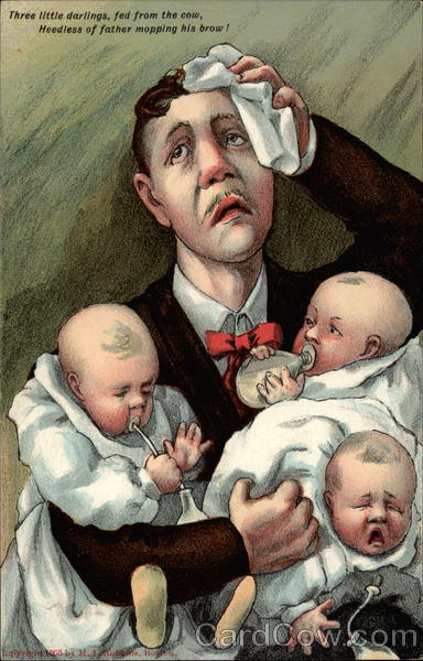 Man holding three babies, mopping brow