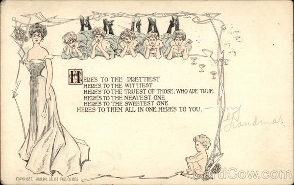 Toasting pretty women, with lady posing, ladies reclining, and cherub child