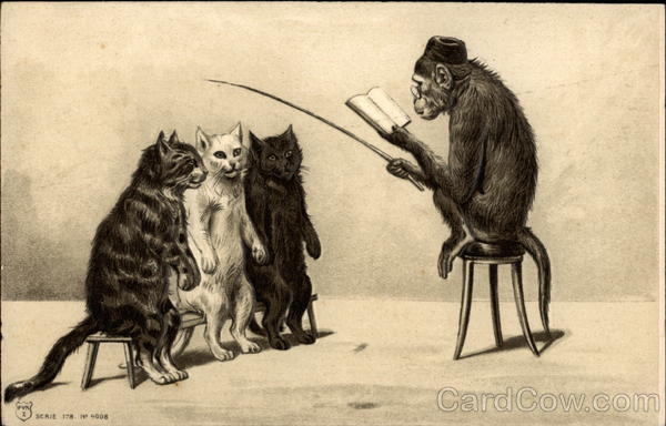 Monkey reading to three cats Maurice Boulanger