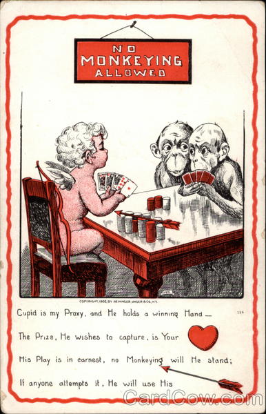 Cupid playing poker with monkeys
