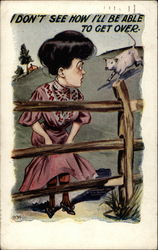 Woman at fence being chased by cow Postcard