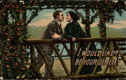 Man and woman on rose covered bridge Postcard