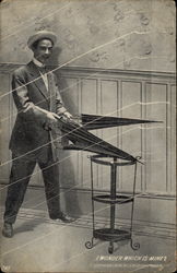 Man in suit holds two identical umbrellas near an umbrella stand Postcard