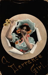 Woman and florwers bursting through paper Postcard