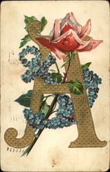 Initial A with Red Rose and anchor of flowers Postcard