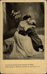 Man and woman embrace and kiss, with man kneeling and woman sitting Postcard