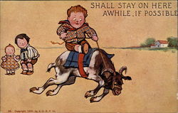 One boy rides a goat while a little girl and boy look on Postcard