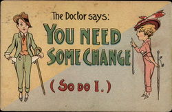 A man displays empty pockets while a lady shakes her finger Postcard