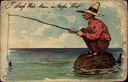 Man fishing on rock Postcard Postcard