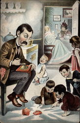 Father grinding coffee while children get out of hand Postcard