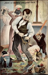 Woman leaving father to watch kids Postcard