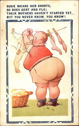 Chubby lady wearing shorts hangs washing on a backyard line Postcard