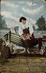 Woman "fishing" for babies Postcard