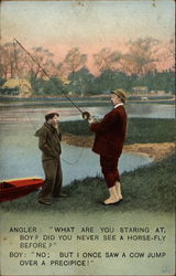 A fisherman and a boy stand near a lake Postcard
