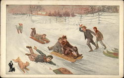 Boys sledding in snow Postcard