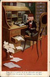 Boy with talking into an Upside Down Phone at Roll Desk Postcard