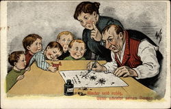 Kinder seid ruhig, Vater schreibt seinen Namen Postcard