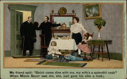 Two men enter a room where there is a woman and three children Comic, Funny Postcard Postcard