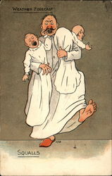 Man in nightshirt holds two crying babies and also steps on a tack Postcard