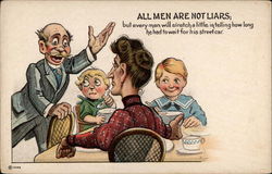 A man talks to his wife and children who are sitting at the supper table Postcard