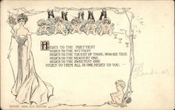 Toasting pretty women, with lady posing, ladies reclining, and cherub child Postcard