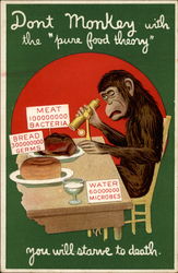 Monkey sitting at a table inspects his food with a scope Postcard