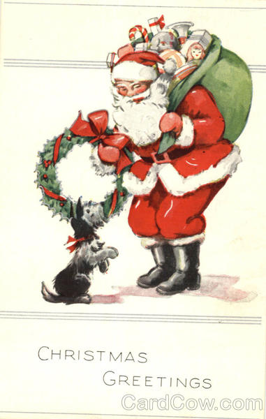 Christmas Greetings Santa with Dog Santa Claus