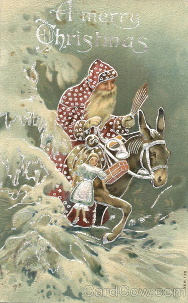 A Merry Christmas - Embossed Santa on Donkey Santa Claus