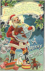 A Merry Christmas - Santa With Globe, Toys Postcard