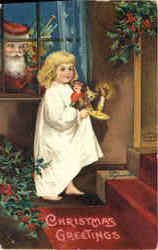 Christmas Greetings - Santa and Girl Postcard