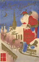 A Merry Christmas - Santa Down Chimney Postcard