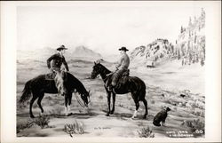 Painting of two cowboys on horseback Postcard