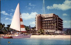 Catamaran in front of hotel Postcard