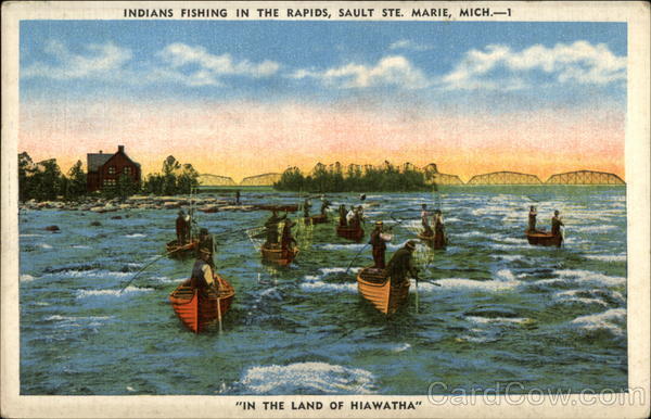 Indians fishing in the rapids, In the Land of Hiawatha Sault Ste. Marie Michigan