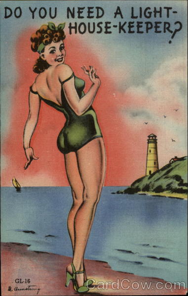 Bathing beauty posing in front of lighthouse B. Armstrong