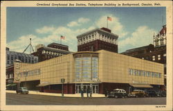 Overland Greyhound Bus Station, Telephone Building in Background Postcard