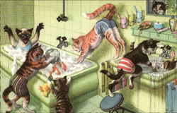 Cats taking baths in the tub and sink Postcard
