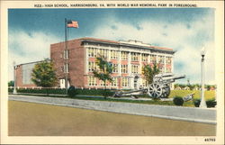 High School with World War Memorial Park in Foreground Postcard