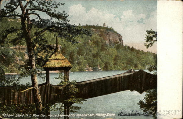 View from house showing Sky Top and Lake, Looking south Mohonk Lake New York