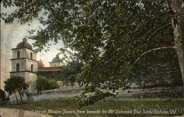 At the old Mission Towers from beneath the Old Sycamore Tree Santa Barbara California